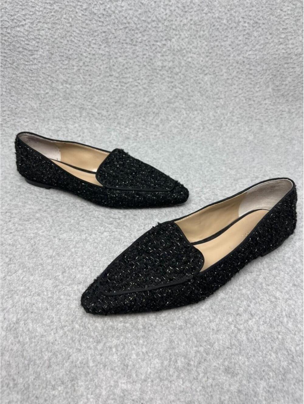 Ann Taylor Black Tweed Nip Toe Flats Pointed Loafers Silver Sparkle Chic Size 6M